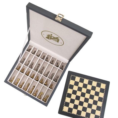 Italfama Metal Chess Set, Wooden 25cm Board & Faux Leather Case, Italy