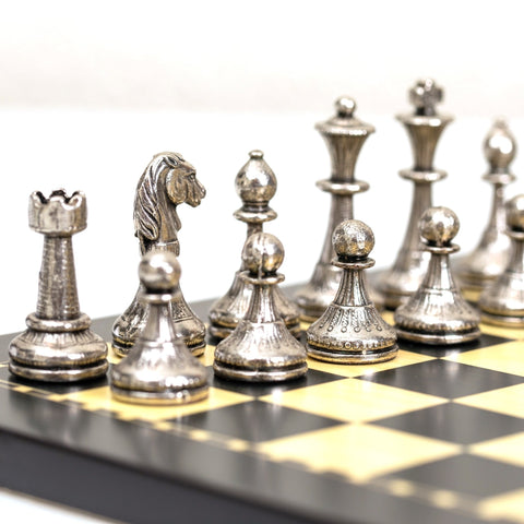 Italfama Metal Chess Set, Wooden 25cm Board & Faux Leather Case, Italy