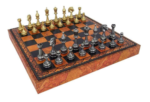 Italfama Metal Chess Set, Faux Leather Board with Storage, Checkers & Backgammon