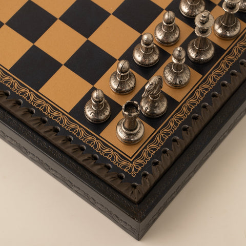 Italfama Metal Chess Set with Leatherette Board, 28cm, King 4.8cm + Checkers
