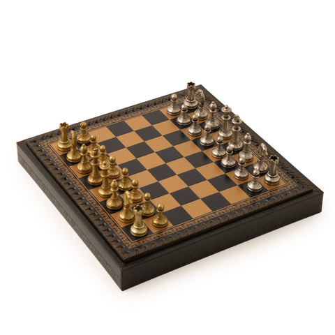 Italfama Metal Chess Set with Leatherette Board, 28cm, King 4.8cm + Checkers