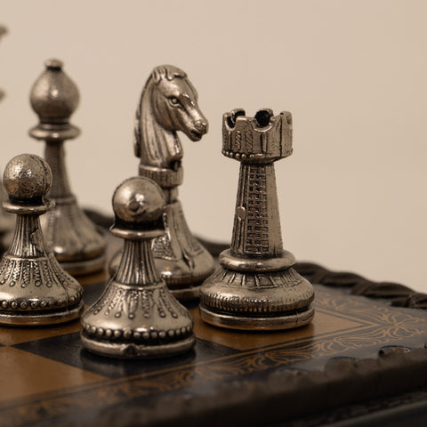 Italfama Metal Chess Set with Leatherette Board, 28cm, King 4.8cm + Checkers