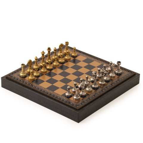 Italfama Metal Chess Set with Leatherette Board, 28cm, King 4.8cm + Checkers