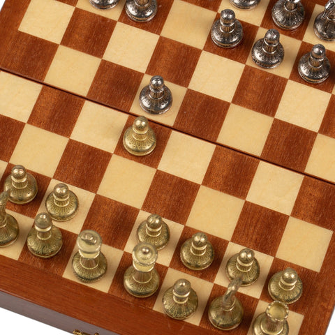 Italfama Metal Chess Set, Rosewood 24cm Board, Gold & Silver Pieces, Italy