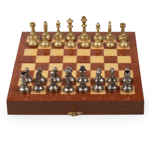 Italfama Metal Chess Set, Rosewood 24cm Board, Gold & Silver Pieces, Italy