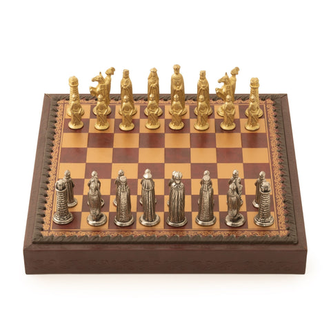 Italfama Metal Chess Set, Dark Red Faux Leather Board 28cm, Italy, King 6cm