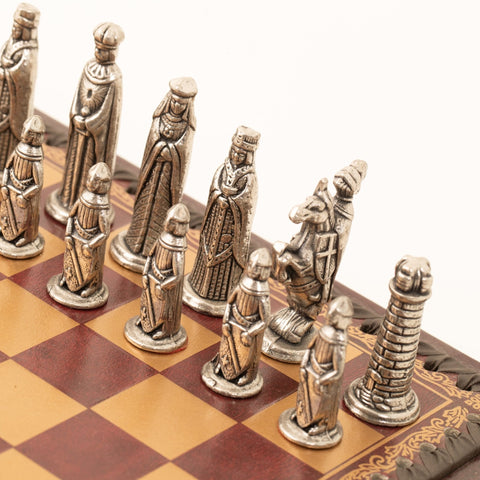 Italfama Metal Chess Set, Dark Red Faux Leather Board 28cm, Italy, King 6cm