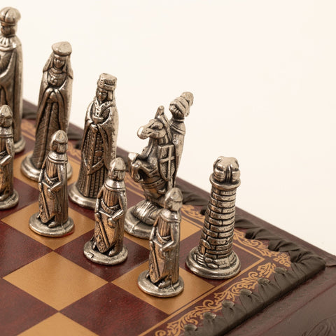 Italfama Metal Chess Set, Dark Red Faux Leather Board 28cm, Italy, King 6cm