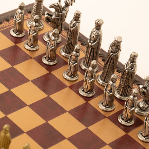 Italfama Metal Chess Set, Dark Red Faux Leather Board 28cm, Italy, King 6cm
