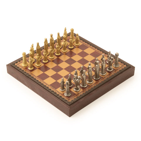 Italfama Metal Chess Set, Dark Red Faux Leather Board 28cm, Italy, King 6cm