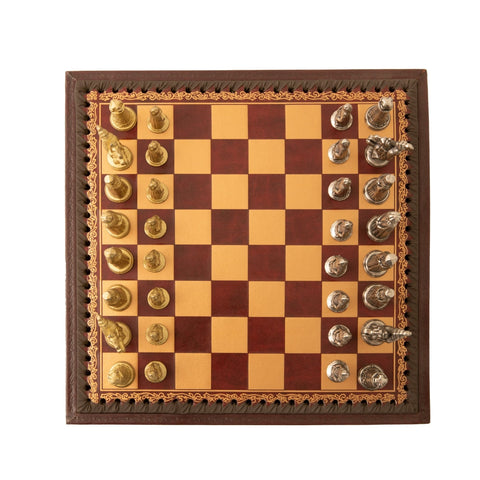 Italfama Metal Chess Set, Dark Red Faux Leather Board 28cm, Italy, King 6cm