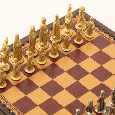 Italfama Metal Chess Set, Dark Red Faux Leather Board 28cm, Italy, King 6cm