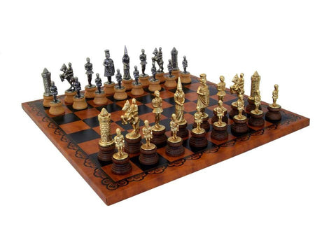 Italfama Camelot Metal & Wood Chess Set, Gold/Silver, Faux Leather Board 45cm