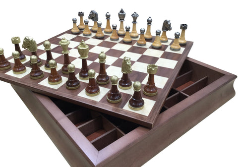 Italfama Luxury Chess Set Metal/Wood, Walnut Board 38cm, 7.5cm King