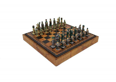 Italfama Hand-Painted Metal Medieval Chess Set with Faux Leather Board, Italy