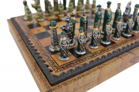 Italfama Hand-Painted Metal Medieval Chess Set with Faux Leather Board, Italy