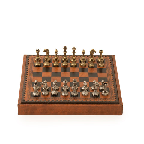 Italfama Metal Chess Set, Faux Leather Board w/ Storage, Handcrafted, Italy