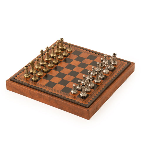 Italfama Metal Chess Set, Faux Leather Board w/ Storage, Handcrafted, Italy