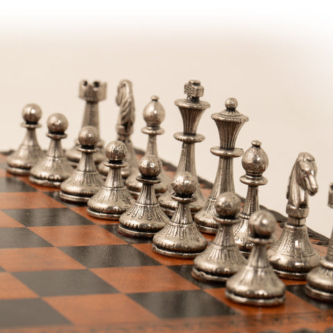 Italfama Metal Chess Set, Faux Leather Board w/ Storage, Handcrafted, Italy