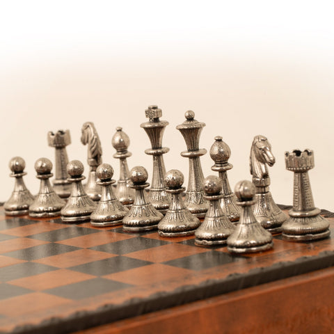Italfama Metal Chess Set, Faux Leather Board w/ Storage, Handcrafted, Italy