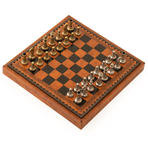 Italfama Metal Chess Set, Faux Leather Board w/ Storage, Handcrafted, Italy