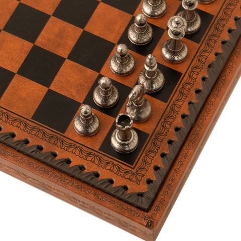 Italfama Metal Chess Set, Faux Leather Board w/ Storage, Handcrafted, Italy
