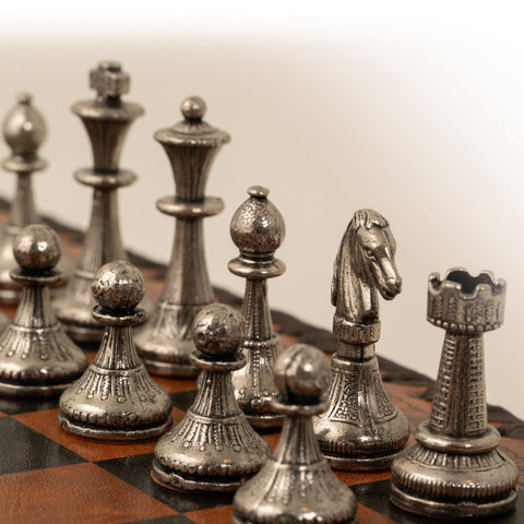 Italfama Metal Chess Set, Faux Leather Board w/ Storage, Handcrafted, Italy