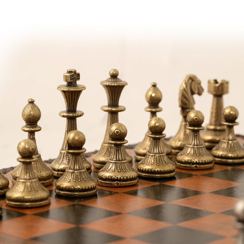 Italfama Metal Chess Set, Faux Leather Board w/ Storage, Handcrafted, Italy