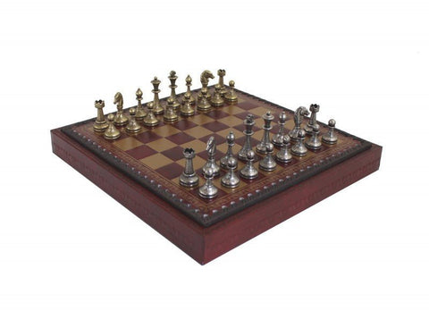 Italfama Metal Chess Set, 28cm Faux Leather Board, Storage Box, Made in Italy