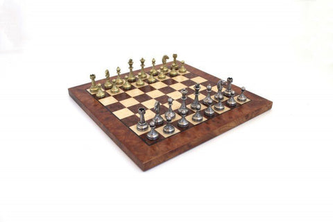 Italfama Metal Chess Set, Elm Wood Board 30cm, Gold & Silver Handmade, Italy