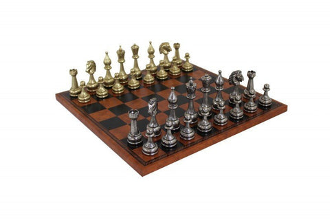 Italfama Italian Metal Chess Set, Gold/Silver & Brown/Black Leather Board 40cm