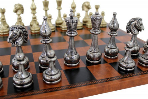 Italfama Italian Metal Chess Set, Gold/Silver & Brown/Black Leather Board 40cm