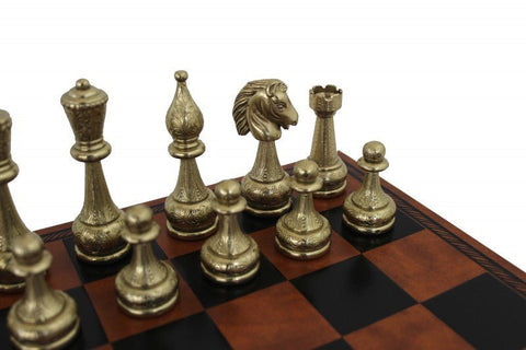 Italfama Italian Metal Chess Set, Gold/Silver & Brown/Black Leather Board 40cm