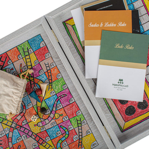 Chess/Backgammon/Ludo/Snakes - Children's Freehand Colored Drawing Sketch in Grey wooden case