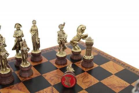 Italfama Napoleon Chess Set Metal & Wood Pieces Gold/Silver Faux Leather Board