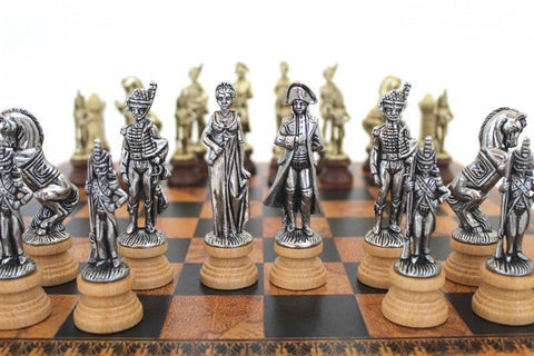 Italfama Napoleon Chess Set Metal & Wood Pieces Gold/Silver Faux Leather Board