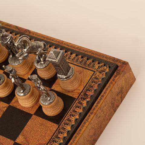 Napoleon Chess Set Handmade Metal/Wood Gold-Silver, Italfama Faux Leather Board