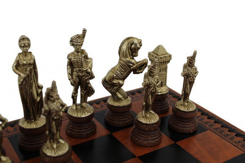 Italfama Napoleon Chess Set Metal/Wood Faux Leather Board w/Storage + Checkers