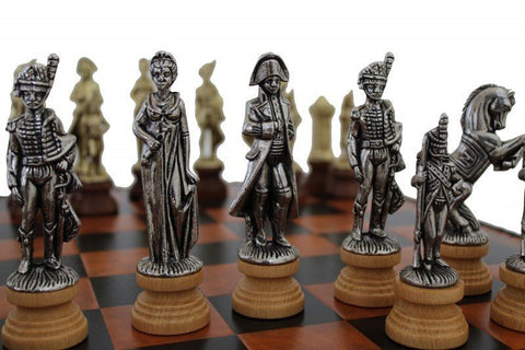 Italfama Napoleon Chess Set Metal/Wood Faux Leather Board w/Storage + Checkers