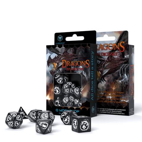 DRAGONS RPG DICE SET BLACK AND WHITE ROLE PLAYING GAMES Q-WORKSHOP DND ROLL NEW