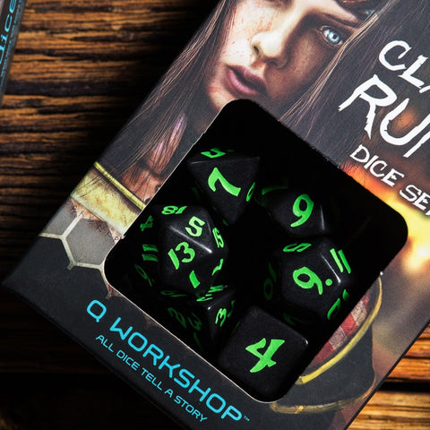 Classic Runic Black And Green Dice Set Story Role Playing Games Q-Workshop NEW