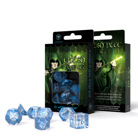 Elvish Dice Set Translucent And Blue Role Games Q-Workshop Dnd Transparent NEW