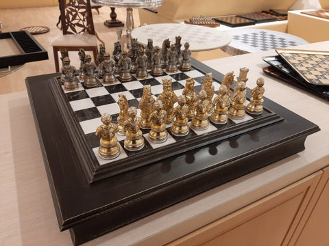 Italfama Luxury Pewter Chess Set, Gold/Silver, Marble-Wood Board w/Storage Italy