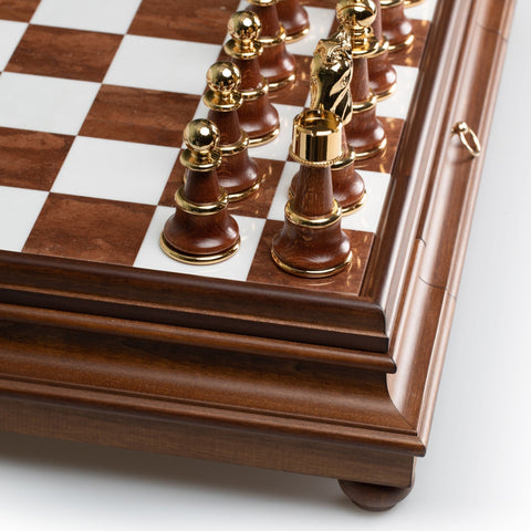 Luxury Gold & Silver Chess Set, Marble-Wood Board w/ Drawer, Italfama 60cm