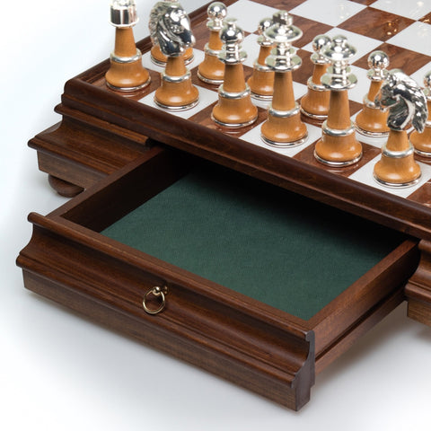 Luxury Gold & Silver Chess Set, Marble-Wood Board w/ Drawer, Italfama 60cm