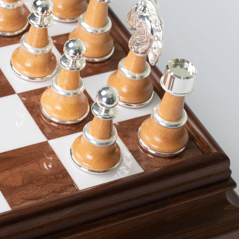 Luxury Gold & Silver Chess Set, Marble-Wood Board w/ Drawer, Italfama 60cm