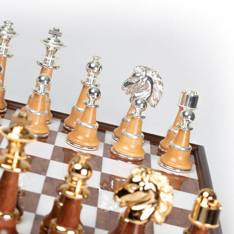 Luxury Gold & Silver Chess Set, Marble-Wood Board w/ Drawer, Italfama 60cm