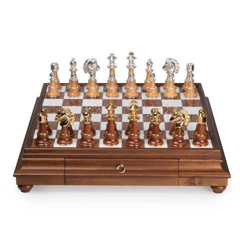 Luxury Gold & Silver Chess Set, Marble-Wood Board w/ Drawer, Italfama 60cm