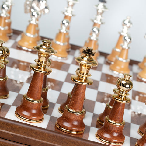 Luxury Gold & Silver Chess Set, Marble-Wood Board w/ Drawer, Italfama 60cm