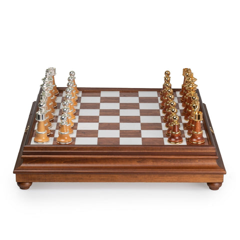 Luxury Gold & Silver Chess Set, Marble-Wood Board w/ Drawer, Italfama 60cm